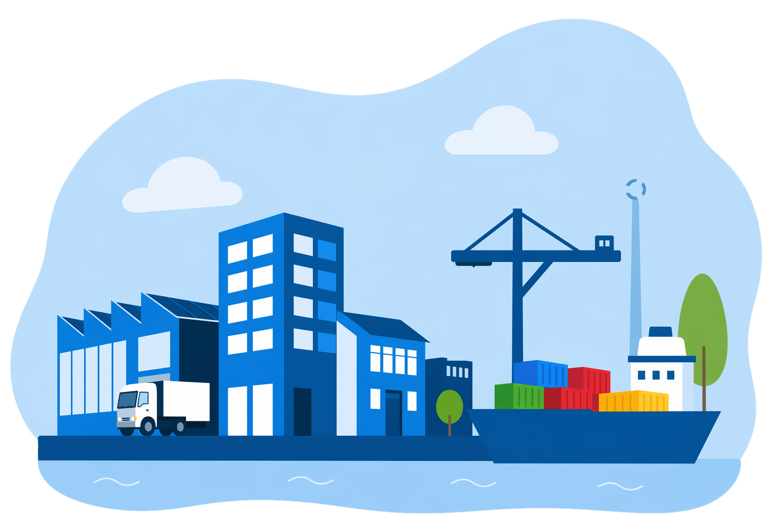 Illustratie van een circulaire maritieme haven: een bedrijventerrein met scheepswerf en kantoorgebouwen, een windturbine, een vrachtwagen op de kade en een containerkraan die een containerschip in het water belaadt.